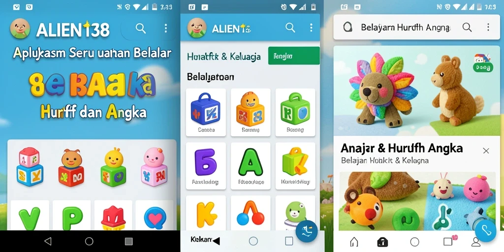 Tampilan interaktif ALIEN138 untuk belajar huruf dan angka.