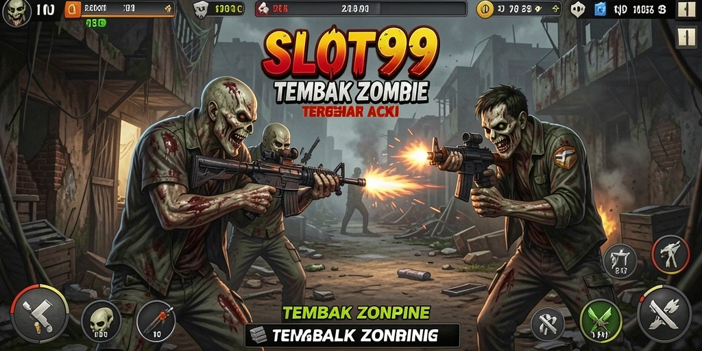 Antarmuka permainan SLOT99 yang dinamis dan menarik saat menyerang zombie.